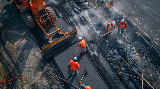 top view of Worker operating asphalt paver machine during road construction and repair works, workers and the asphalting machines, work at highway