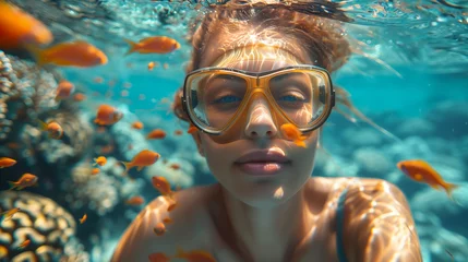 Fototapeten woman snorkeling dive underwater with Nemo fishes in the coral reef  © Fokke Baarssen