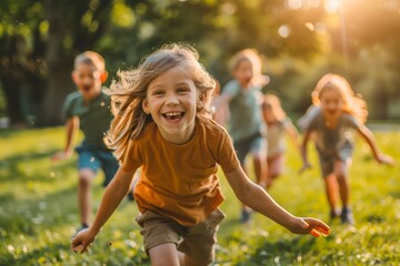 Fototapeta premium Happy Children Playing Tag in Sunny Park; Joyful Kids Running on Grass with Smiles, Summer Fun Outdoor Activity, Childhood Moments, Friends Enjoying Leisure Time Together in Nature