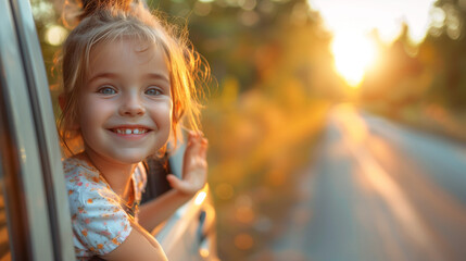 happy child girl goes on a summer travel trip in the car, a summer road trip. little cute kid in a car outside window with hand up