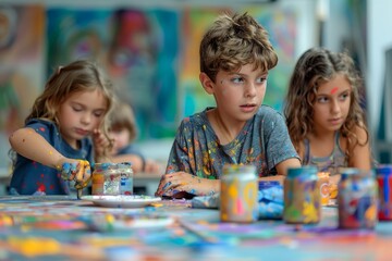 Fototapeta premium Group of Children Engaged in Creative Art Class with Colorful Paint and Supplies on Table at Workshop