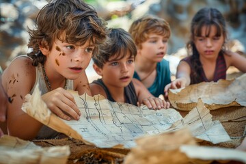 Group of Dirty Kids Focused on Treasure Maps During an Outdoor Adventure Game in the Woods