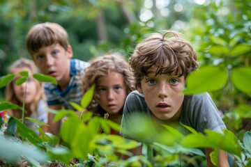 Fototapeta premium Group of Curious Children Exploring Nature, Kids on an Outdoor Adventure in a Lush Green Forest