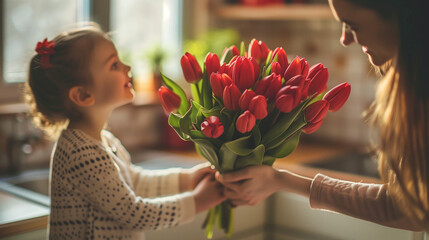 tender girl and happy mother gives her a bouquet of tulips, congratulating her on Mother's day during holiday celebration at home in the kitchen - obrazy, fototapety, plakaty
