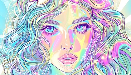 pink and blue drawing of a woman with flowing hair big eyes pink lips 