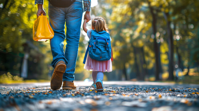 first day at school. father leads a little child school girl in first grade walking in the park