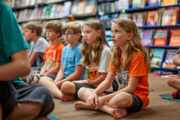 Group of Children Sitting on Floor Listening Attentively in Library Bookshelves Background