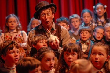 Enthralling Stage Magician Performing Rabbit Trick for Amazed Audience of Children in Theater Setting