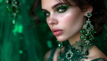 woman with emerald green eye shadow pink lips brunette hair rich high fashion look expensive jewellery emerald gems jewels earring necklace
