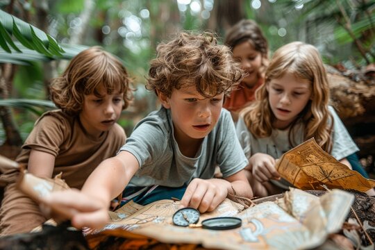 Group of Children Engaged in Adventure Activity with Map and Compass in Forest Setting