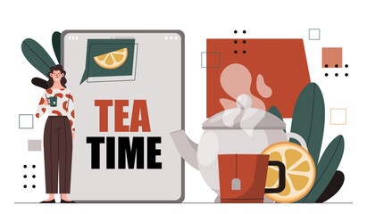 Tea time at smartphone concept. Woman with teapot with hot drink near cup with slice of lemon. Poster or banner. Comfort and coziness. Cartoon flat vector illustration isolated on white background - obrazy, fototapety, plakaty