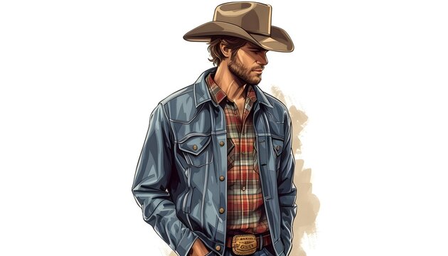 drawing of rugged cowboy with hat wearing red flannel and blue jean jacket white background