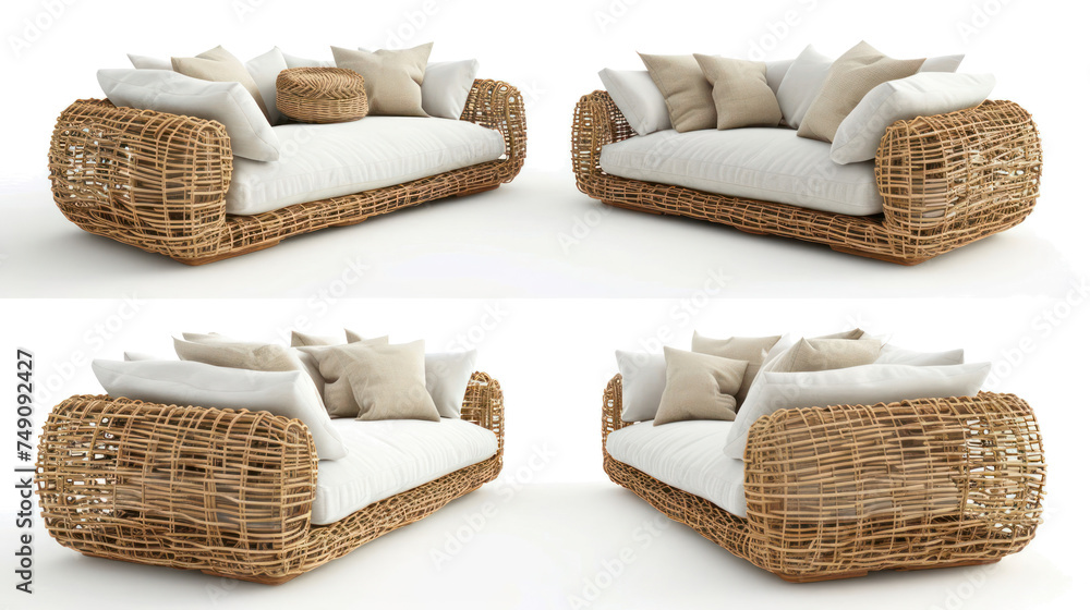 Poster set of pictures of a wicker couch generative ai