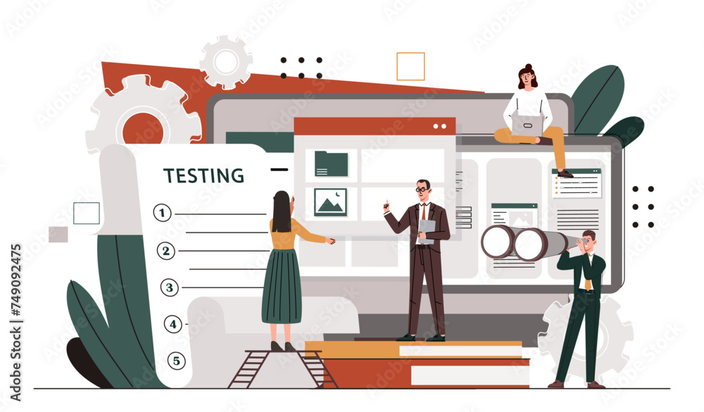 Poster testing quality assurance concept. men and women work at product. programmers and it specialists eva