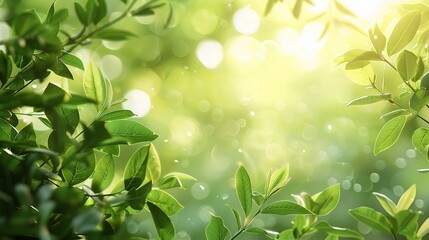 Fototapeta na wymiar Fresh healthy green bio background with abstract blurred foliage and bright summer sunlight