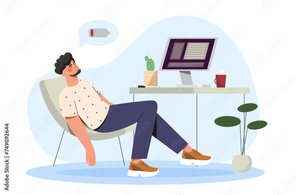Poster tired man at workplace. young guy sleep in office naer computer. overworked manager or programmer. m