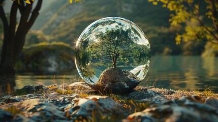 Glass globe in the in nature concept for environment - obrazy, fototapety, plakaty
