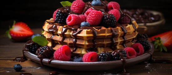 A chocolate waffle cake topped with vibrant red raspberries and drizzled with rich chocolate sauce, creating a visually appealing and indulgent breakfast treat.