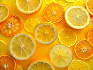 Fototapeta premium Slices of fresh orange and lemon in water on yellow