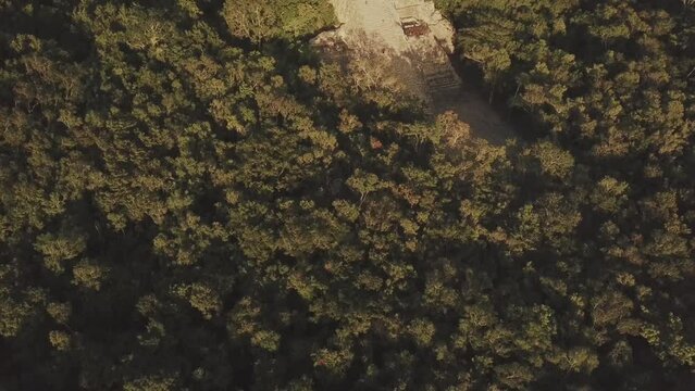 Aerial view of the Mayan Pyramid Nohoch Mul in the ruins of Coba, close to Tulum in the Riviera Maya, in Mexico there are  people on it looking at the sunset.