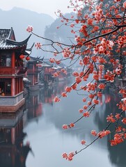 Chinese Garden With Cherry Blossoms