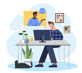 Man with video call. Young guy communicate with friend in social networks. Distant communication and interaction. Freelancer and remote employees. Cartoon flat vector illustration