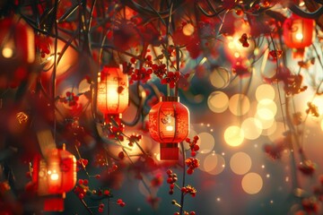 Chinese red lanterns in evening light - obrazy, fototapety, plakaty