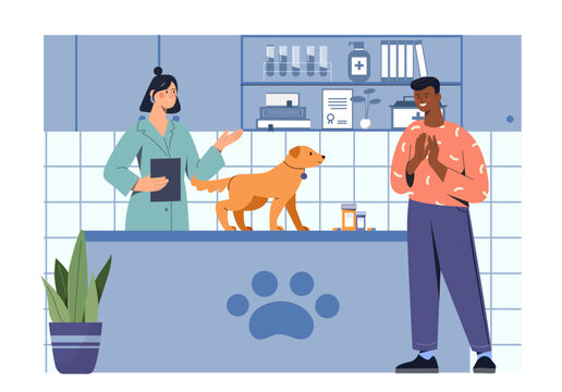 People in veterinarian clinic. Man and woman in medical uniform with dog. Diagnosis and treatment. Care about domestic animals. Guy and girl with puppy. Cartoon flat vector illustration