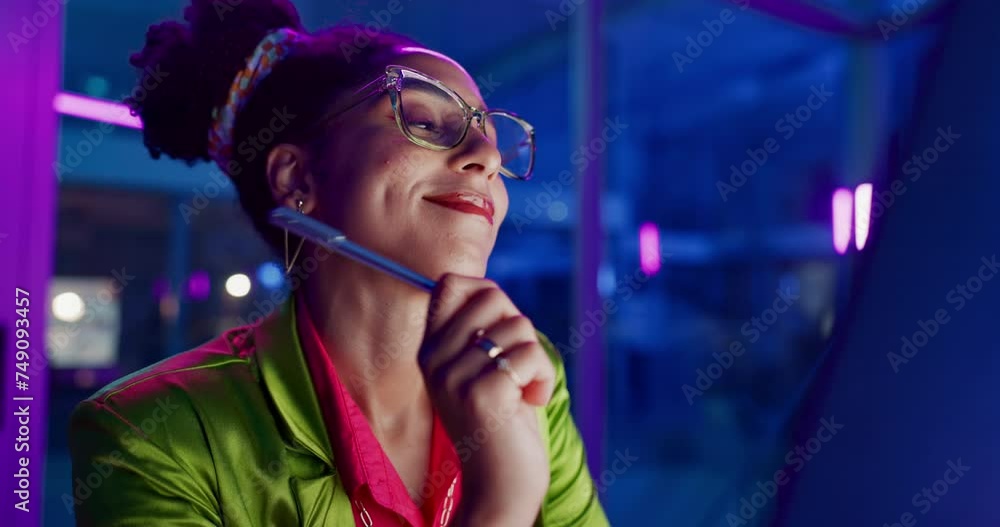 Fototapete woman, night and web design on computer, glasses and ideas for app development or coding in office. 