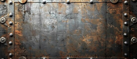 A grungy metal background featuring numerous rivets and rivet holes, creating a rugged and industrial look. The texture of the metal is rough and weathered, adding character to the surface. - obrazy, fototapety, plakaty