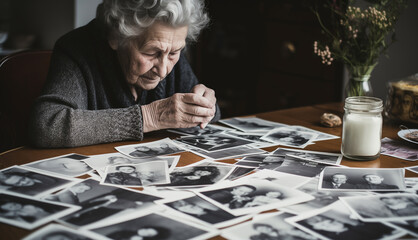 An elderly woman with Alzheimer's disease looks at photos of her family spread across a table. Ai generated