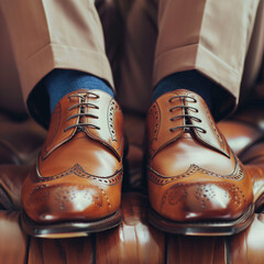 Elegant Brown Brogue Shoes with Blue Socks on Wooden Floor
