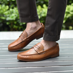 Stylish Man Wearing Brown Leather Loafers on Urban Striped Walkway