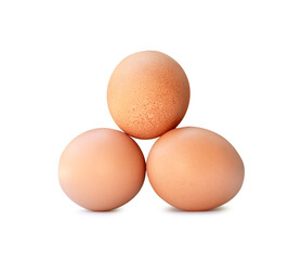 Front view of three fresh chicken eggs in stack isolated with shadow in png file format