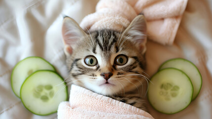 Cute kitten with towel on his head, with cream on his face and with a pieces of cucumber on his eyes relaxing on the bed.  generative ai 