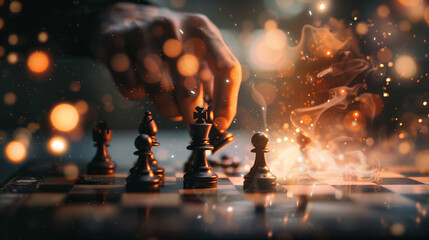 Dramatic Chess Game with Glowing Pieces and Dynamic Sparks