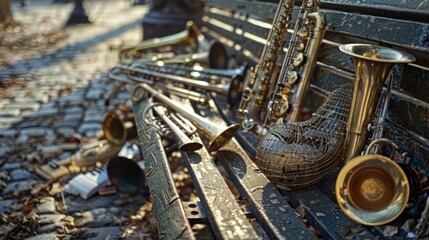 musical instruments strewn a park bench