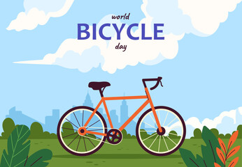 World bicycle day poster. International holiday and festival 3 June. Eco friendly transport. Active lifestyle and sport. Travel and trip. Poster or banner. Cartoon flat vector illustration