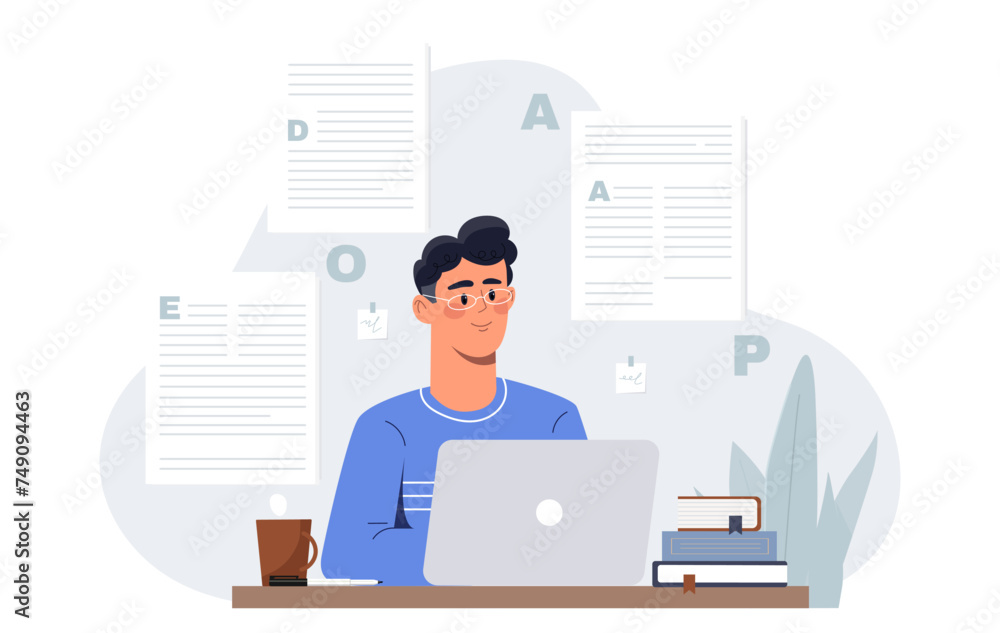 Poster copywriter with laptop. man typing articles and creating interesting content for social networks and