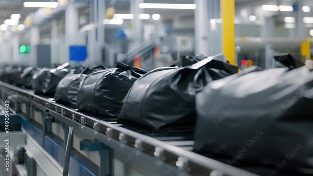 Poster bags of all sizes and shapes line up on the conveyor belts ready to be sorted and scanned. highresol