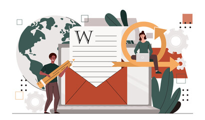 Copywriting people concept. Man and woman write articles for webpage. Freelancers create interesting content for online media. Cartoon flat vector illustration isolated on white background