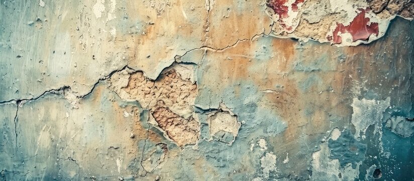 A closeup view of a grunge textured wall covered in rust and peeling paint, showing signs of decay and neglect.