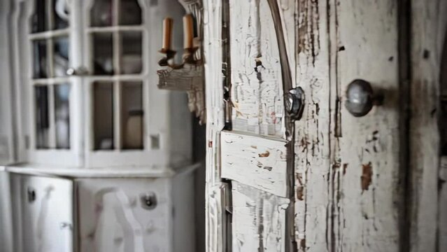 Close up of old white wooden door with a keyhole, selective focus