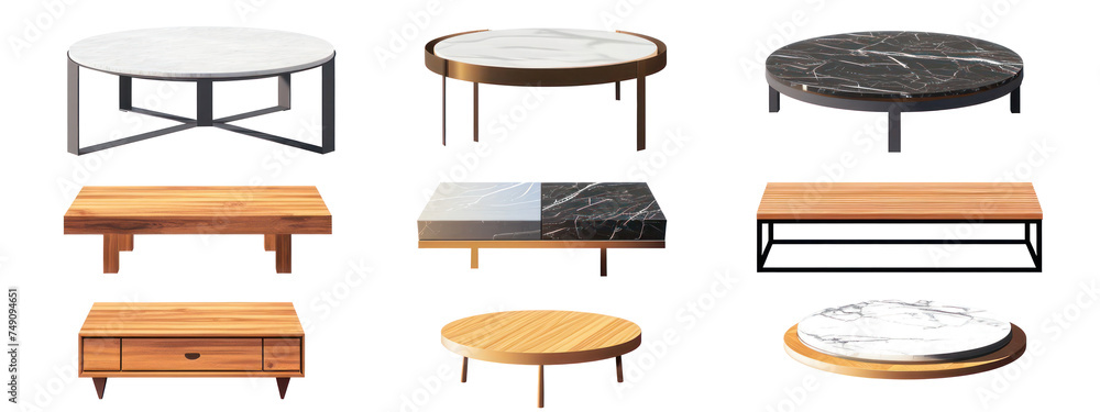 Poster assorted tables of varying shapes and sizes generative ai