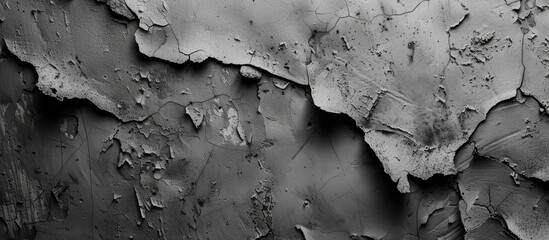 A black and white photograph showing the peeling paint on a grey cement wall. The paint is cracked...
