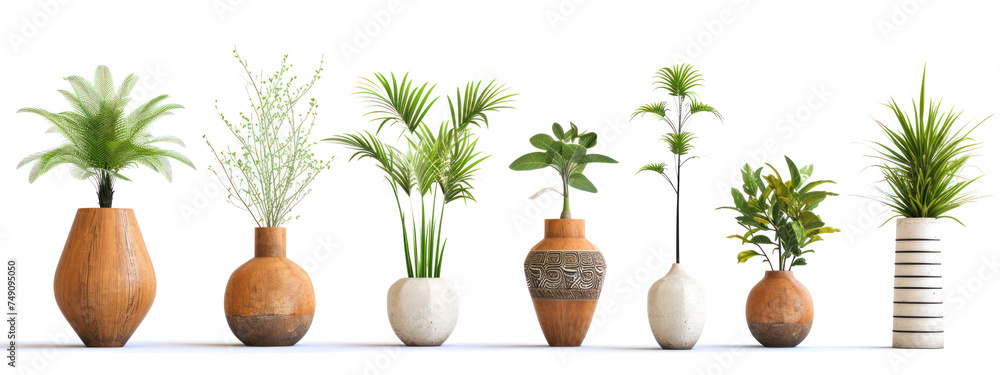 Poster row of vases with plants in a white background generative ai