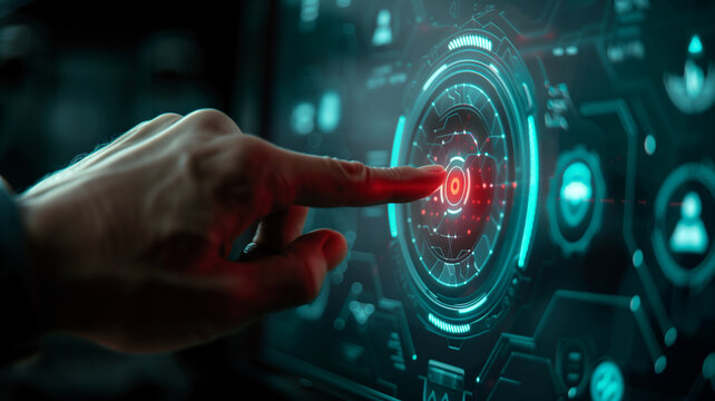 A man's hand pressing a button on an imaginary computer