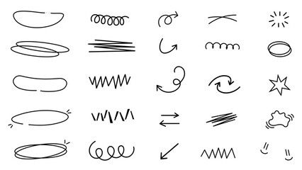 Vector hand drawn illustration set of lines, x marks, underline strokes, doodles and arrows elements isolated in white background.   - obrazy, fototapety, plakaty