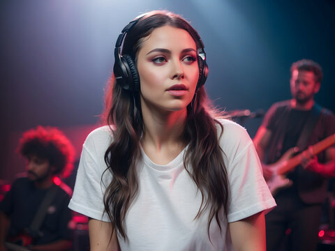 Young female musician wearing headphones in recording studio, with band members in background