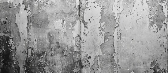 In this black and white image, peeling paint is prominently displayed on a weathered wall. The...